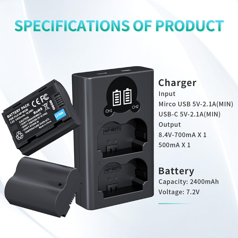[AUSTRALIA] - LP NP-W235 Battery Charger Pack, LED Dual Slot USB Charger, 2-Pack 2400mAh Replacement Batteries for Fujifilm X-T5, X-S20, X-H2, X-H2S, GFX 100S, GFX 50S II, X-T4, VG-XT4 Battery Grip 