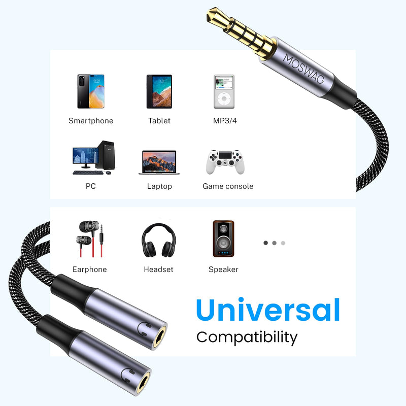 MOSWAG Headphone Mic Splitter 3.5mm Headset Y Adapter 2 Female to 1 Male 3.5mm Jack Cable, Mic Audio Splitter, Headset Splitter Cable with Separate Audio Microphone Jacks 10 Inch/25 cm Black