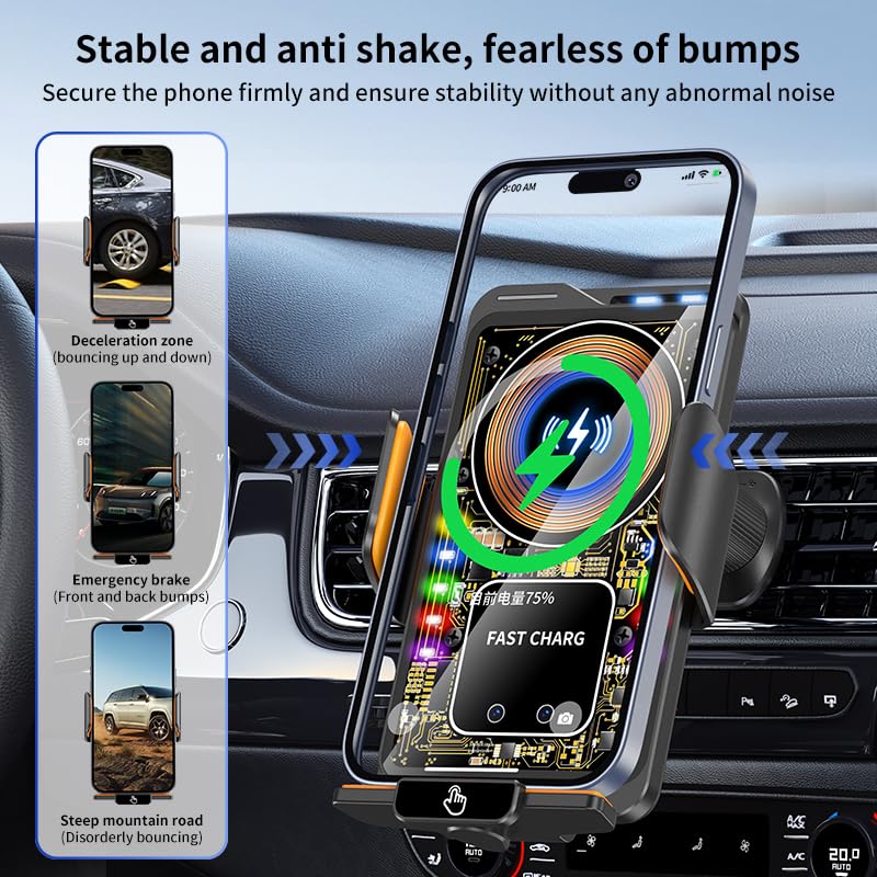 Wireless Car Charger, 15W Fast Auto-Clamping Vent Phone Holder | Transparent Design · 360° Rotation · Compatible with iPhone & Samsung Transparent White