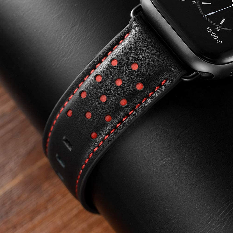 Bundle Leather Band Compatible with Apple 44mm 42mm Mens Vintage Black Leather Strap Red Dot XL Dressy Bands with Black Buckle Adapters for iWatch 6 5 4 3 2 1 SE, 44 42mm Band