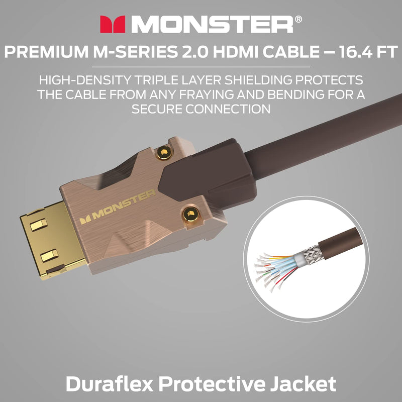 Monster M-Series Certified Premium HDMI Cable 2.0, High-Speed 22.5 Gbps, 4K UHD 60Hz, Triple-Layer Shielding, Duraflex Jacket, HDMI Cable for TV, Monitor, Gaming, PC, 16.4 ft 16.4-Feet