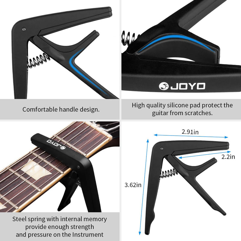 JOYO Guitar Tuner Guitar Capo with 6 PCS Picks Guitar Accessories Clip on Digital Electronic Tuner for Guitar, Bass, Ukulele, Violin, Mandolin