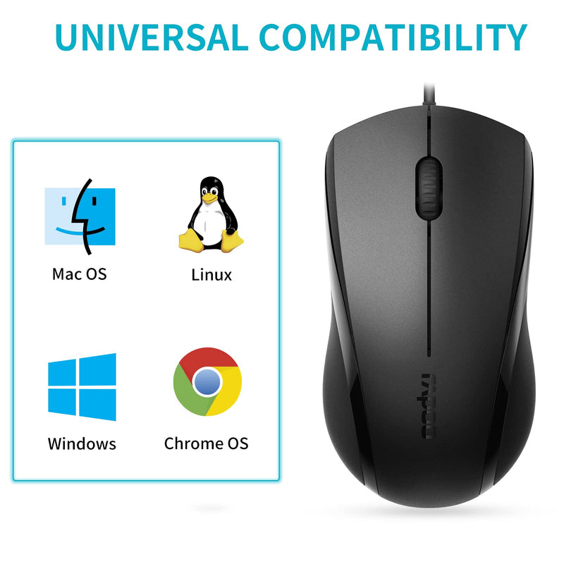 RAPOO Silent Wired Mouse, 1000 DPI 5ft Cord Quiet Button Optical Computer Mouse, Left Right Hand Use, for Laptop Chromebook Mac Notebook, Matte Black