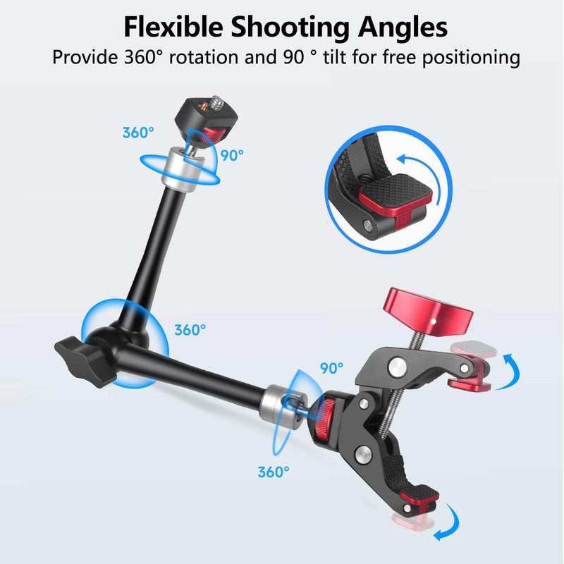 [AUSTRALIA] - HEMMOTOP 11in Magic Arm Camera Mount Clamp, Max. Payload 5.5 LBS Articulating Arm with Anti-Twist Pins, Rotatable Pads, Adjustable Friction Arm for Monitor, LED Light, Camera Video Rig MS02 11 in 