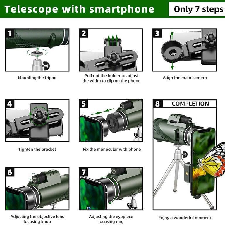80x100 Monocular Telescope for Adults–High-Powered Green Lens Compact Monocular with Tripod & Smartphone Adapter for Bird Watching, Hunting, Hiking, Camping, Stargazing, Travel, and Outdoor Adventures