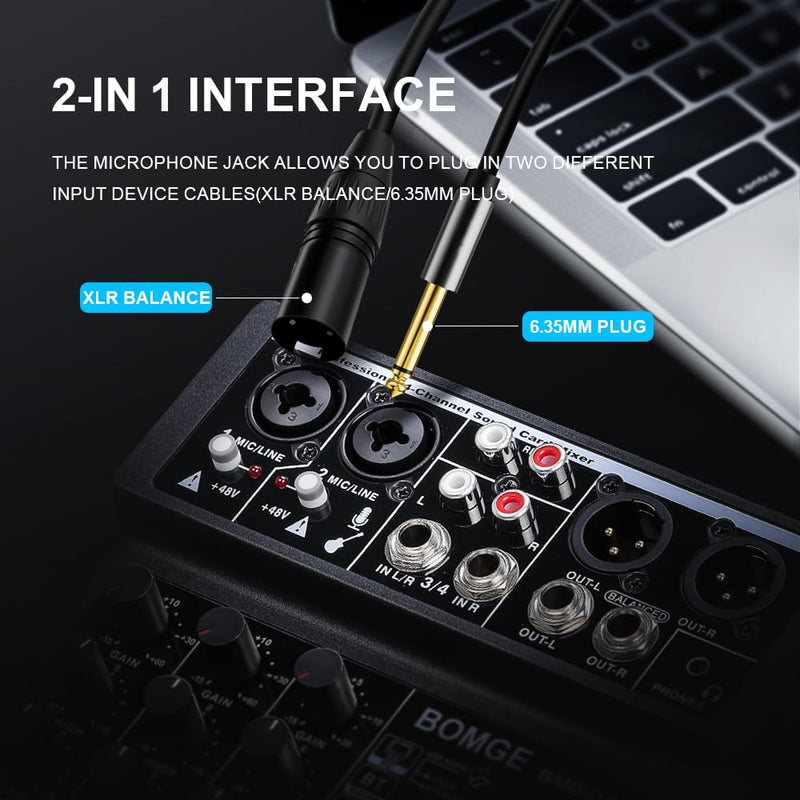 [AUSTRALIA] - BOMGE 4 Channel mini DJ Audio Sound Mixer Interface with MP3、 USB, Bluetooth, Stereo Recording, 48V Phantom Power, 99 DSP for karaoke, performance, church singing, podcas streaming BLACK-04F 