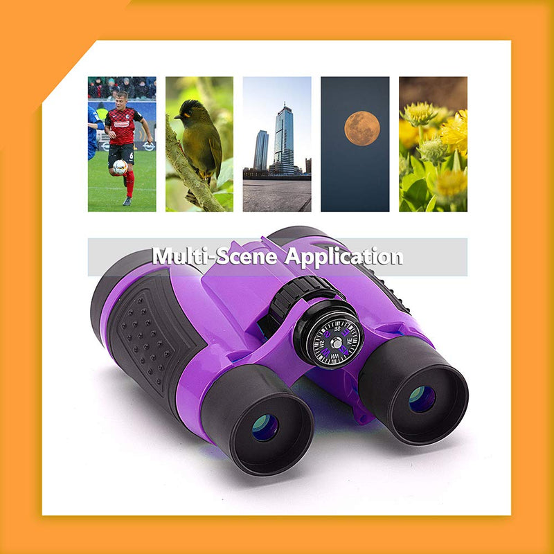 Compact Binoculars for Kids Bird Watching Hiking Camping Fishing Accessories Gear Essentials Best Toy Gifts for Boys Girls Children Toddler Waterproof 5X30 Optical Lens Including Compass Purple