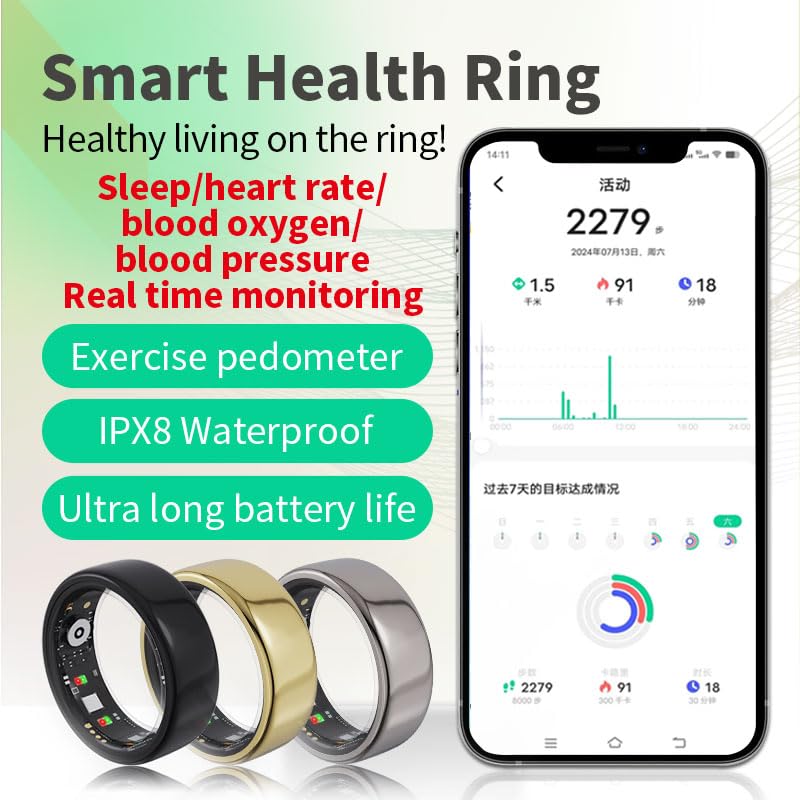 Smart Ring Health Tracker for Men WomenHeart Rate, Blood Oxygen, Sleep Monitor, Step Counter,5ATM Waterproof, Remote Camera Control No Subscription Fee Fitness Ring with Charging Case (Silver, 11#) Silver 11#