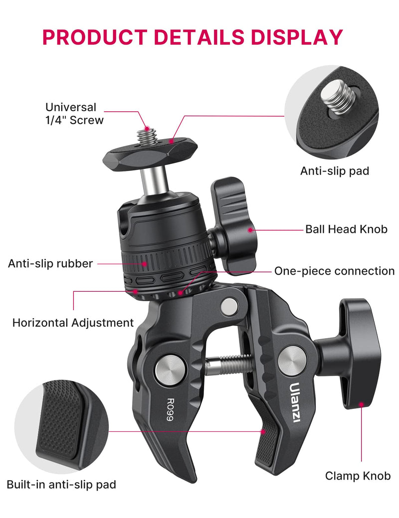 [AUSTRALIA] - ULANZI R099 Super Clamp Camera Mount - Heavy Duty 3.3lb Load Metal Clamp with 360° Ball Head for Action Cameras (GoPro/Insta360/DJI), DSLR, Bike/Motorcycle Handlebar, Pole/Tube Mount Accessories 