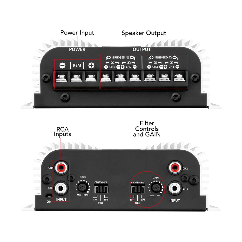 Taramps TS 400x4 400 watts RMS 4 Channels Full Range Car Audio Amplifier, 2 Bridged Channels, RCA Input Class D, Output Power, Multichannel Amplifier System, Small - TS400X4 | Bridgeable outputs, built-in HPF/LPF crossovers and RCA inputs provide flexi...