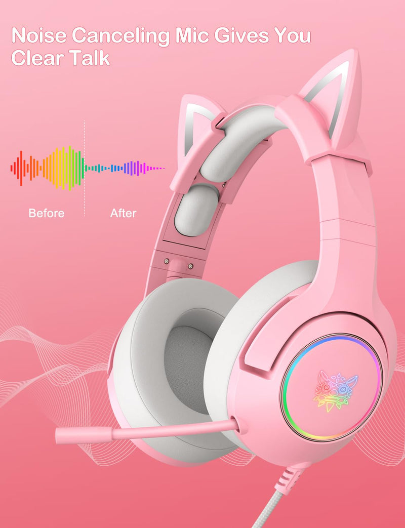[AUSTRALIA] - PHNIXGAM Cat Ear Gaming Cute Headset, Wired Over-Ear Headphones with Retractable Microphone, Surround Sound, LED Backlight for PS4, PS5, PC, Mobile Phone (Light Pink) A Pink 3.5mm 