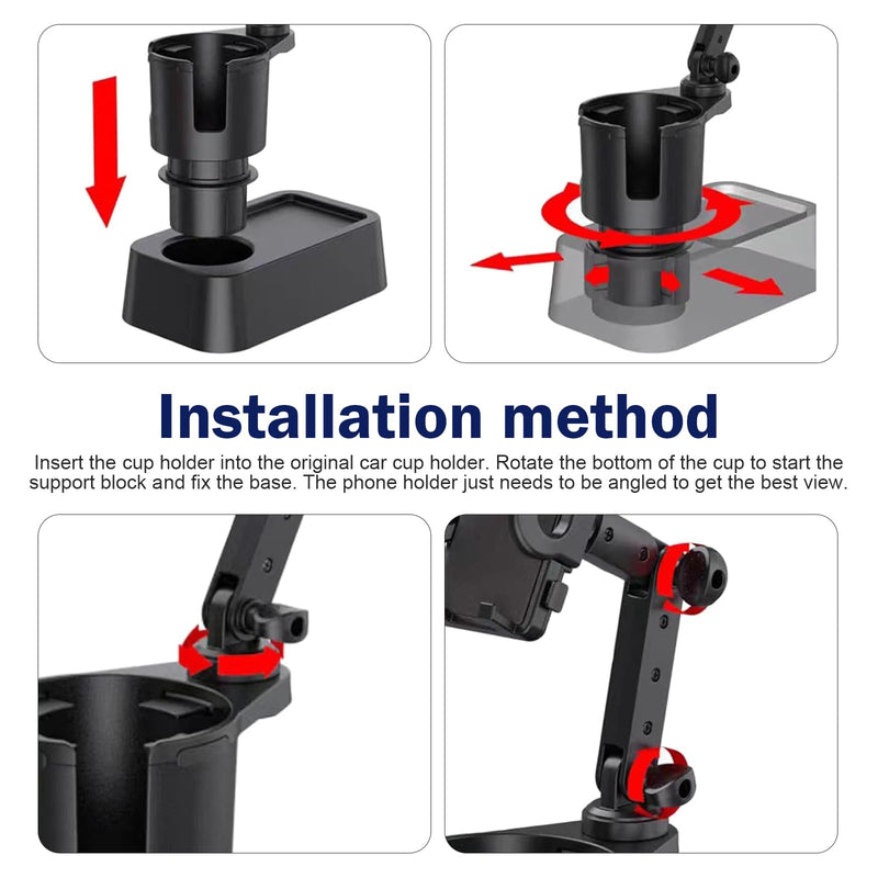 Car Cup Holder and Phone Mount, 2-in-1 Adjustable Multifunctional Insert Mount, Anti-slip Shockproof Extender Base, Interior Accessory for Round Car Cup Holder (Black)