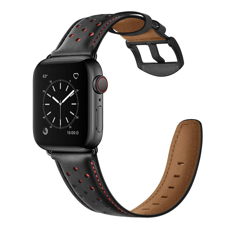 Bundle Leather Band Compatible with Apple 44mm 42mm Mens Vintage Black Leather Strap Red Dot XL Dressy Bands with Black Buckle Adapters for iWatch 6 5 4 3 2 1 SE, 44 42mm Band