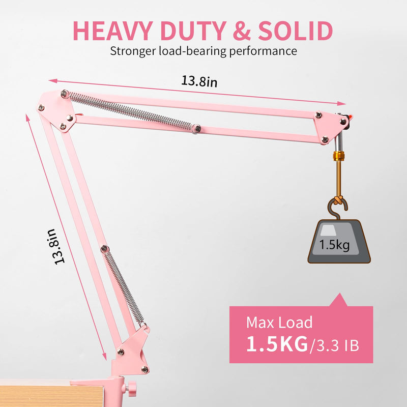 FEELWORLD AMS1 Microphone Boom Arm, Adjustable Mic Arm Stand with 3/8” to 5/8” Screw, Compatible with PM1 and other Mics for Podcast Straming Gaming Studio （Pink) Pink