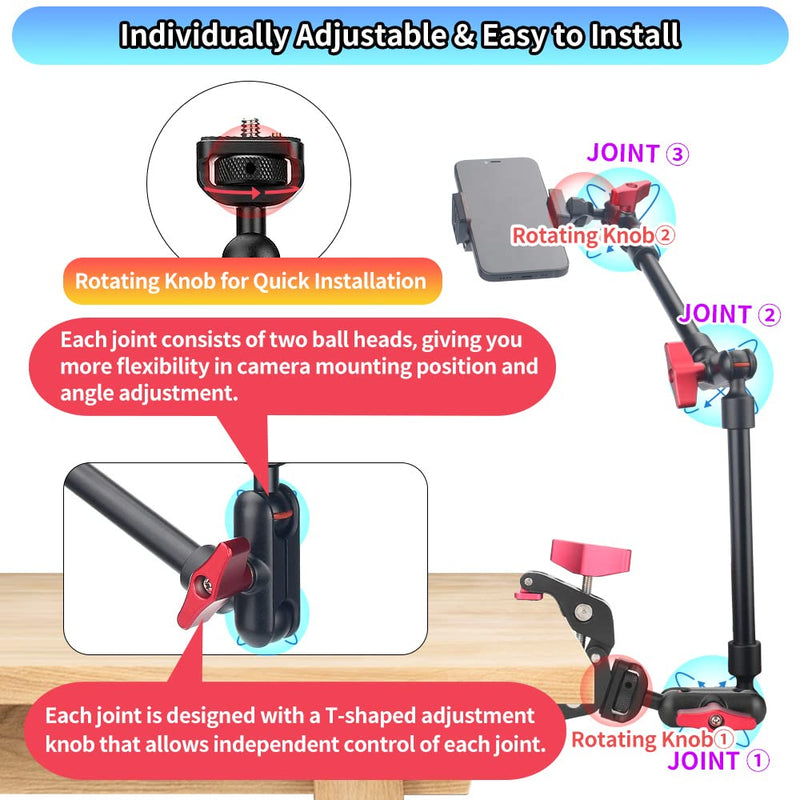 Upgraded 22in/57cm Adjustable Articulating Friction Magic Arm with 1/4" Thread & Super Clamp with Two 1/4" and one 3/8" Thread, Camera Mount for LED Light/Microphone Video Rig 22inch