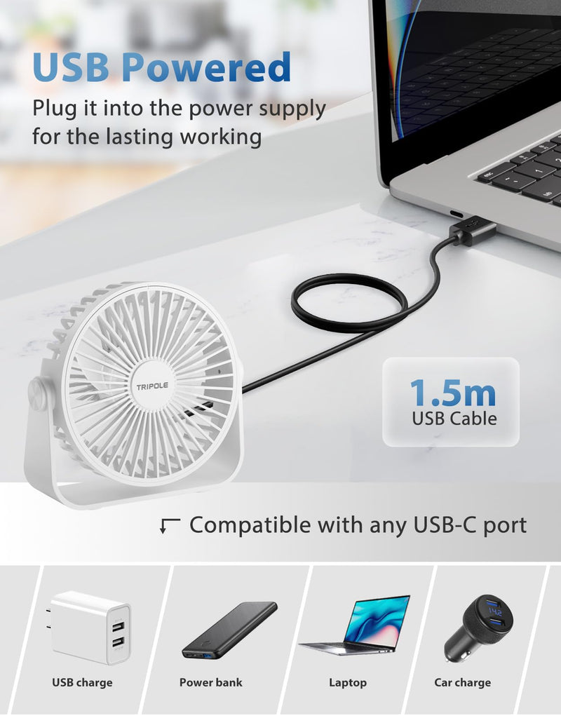 TriPole USB Desk Fan 4.5 Inches Portable Mini Fan Powerful 3 Speeds Wind Personal Desktop Fan with 360° Head Rotation for Home Office Car Indoor Outdoor White