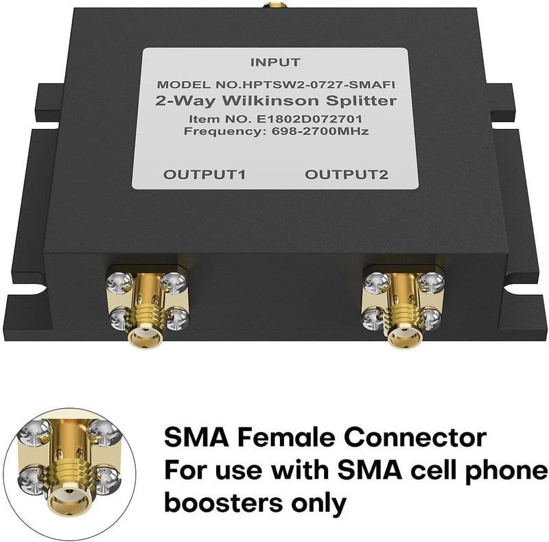 2 Way Signal Booster Splitter with SMA Female Connectors, | 698-2600 MHz Wide Band Cell Phone Booster Accessory for Dual Indoor Antennas, Compatible with LTE Networks and US Carriers