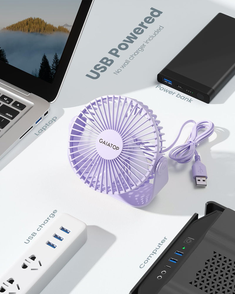 Gaiatop USB Desk Fan, 3 Speeds Portable Small Fan with Strong Airflow, 5.5 Inch Quiet Table Fan, 90° Rotate Personal Cooling Fan For Bedroom Home Office Desktop Travel (Purple) Purple