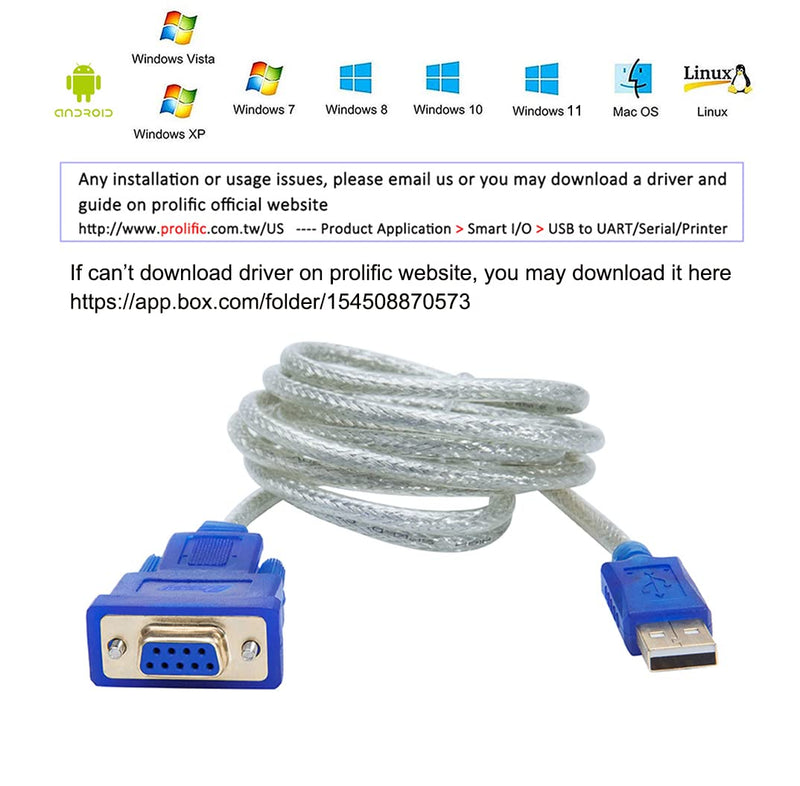 DTECH 6 Feet USB to RS232 DB9 Female Serial Adapter Cable Windows 11 10 8 7 Mac Linux Serial to USB 2.0 (PL2303 Chip) 6ft RS233 cable