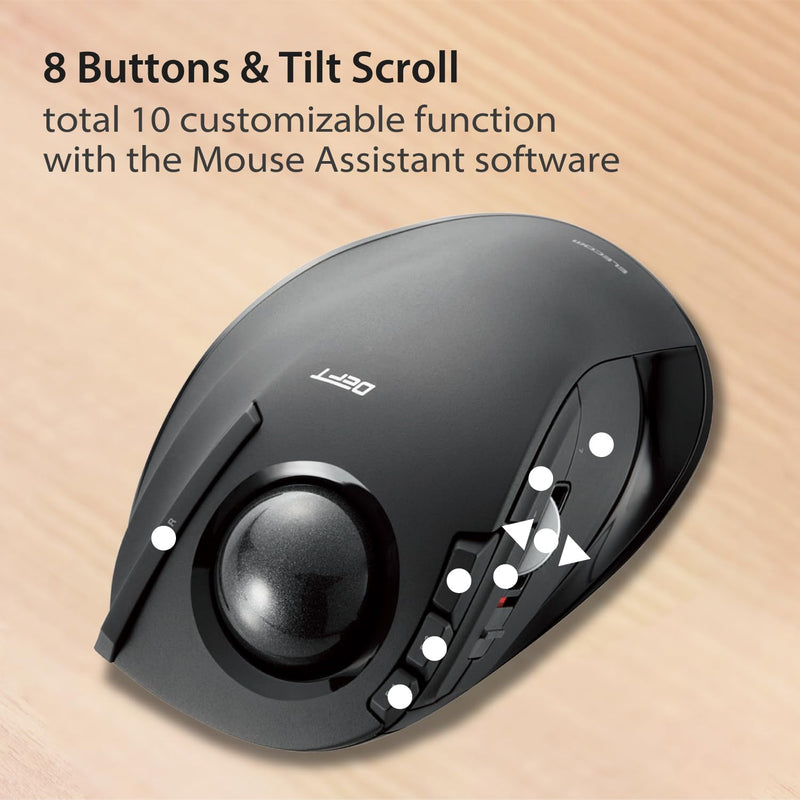ELECOM DEFT Trackball Mouse, 2.4GHz Wireless, Finger Control, 8-Button Function with Smooth Tracking, Ergonomic Design, Optical Gaming Sensor, Windows11, macOS (M-DT2DRBK) Black / Black ball