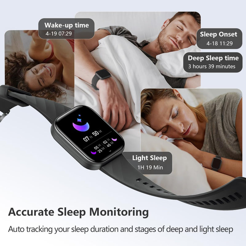 FITVII Health & Fitness Tracker (Answer/Make Calls), Smart Watch with 24/7 Heart Rate and Blood Pressure, Sleep Tracking, Blood Oxygen Monitor, 120+ Sport Modes Activity Tracker for Women Men Black 1.85
