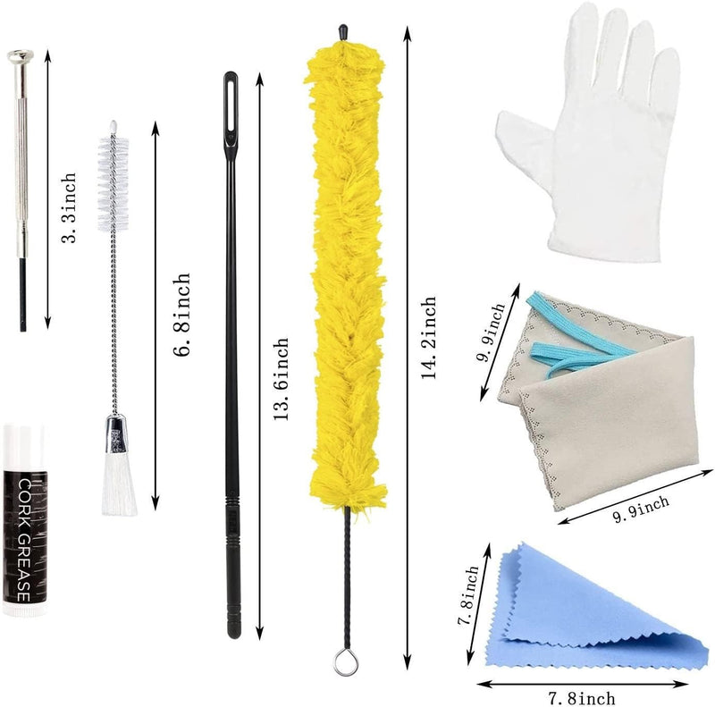Flute Cleaning Kit Include 1pc Cotton Cleaning Brush, Flute Swab, Double-End Dust Brush,Flute Cleaning Rod, Screwdriver for Flute Repairing,Cork Grease, a Pair Cotton Gloves, 2pcs Flute Cleaning Cloth yellow