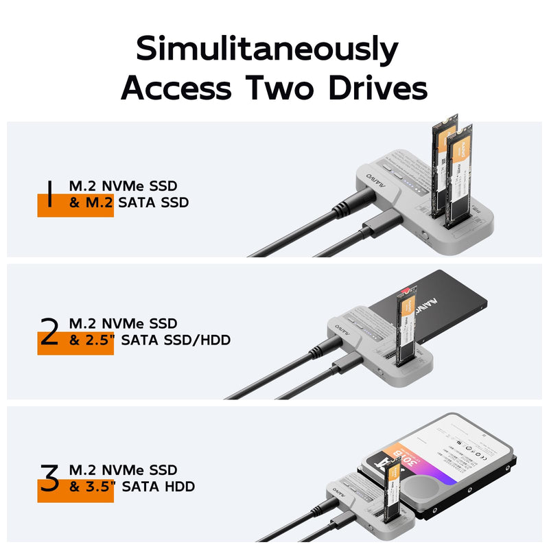 MAIWO M.2 NVMe to 2.5 3.5 SATA SSD HDD Cloner, USB-C 10Gbps SATA to NVMe Bidirectional Clone Docking Station, Tool-Free Hard Drive Reader Adapter Duplicator (K10835N)