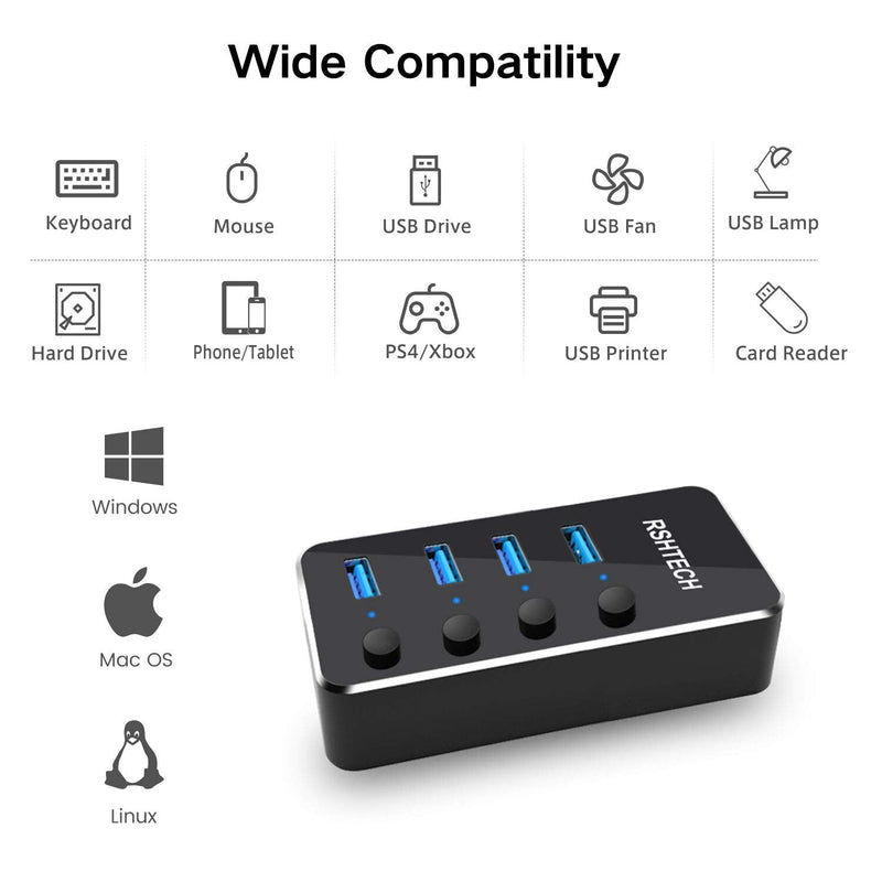 RSHTECH 4 Port Powered USB 3.0 Hub with 5V Adapter + ROSONWAY 4 Ports USB 3.1 Gen 2 Hub 10Gbps with 5V Power Adapter