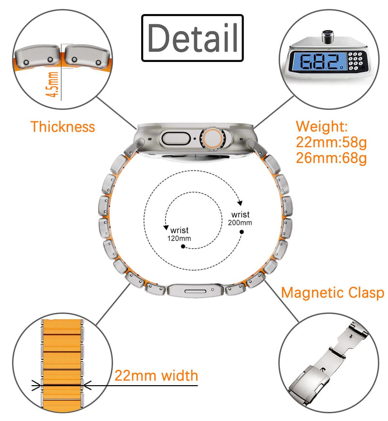 Titanium Garmin QuickFit Watch Band, Silicone Lined, Deployment Clasp | MaKTech Lightweight Bracelet, DLC Scratch-Resistant, Deployment Clasp, for Garmin Watch Silver/Orange 22mm