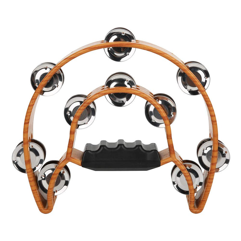 Sturdy Wooden-Style Tambourine with Double Row Jingles & Comfort Grip - Percussion Instrument