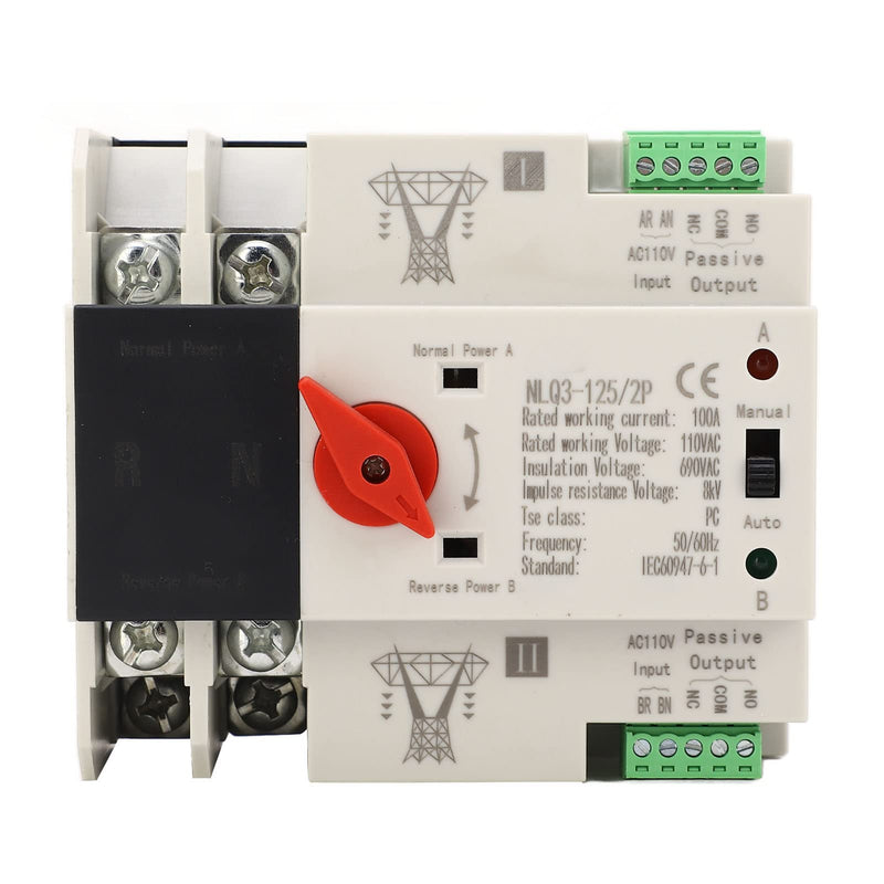[AUSTRALIA] - Automatic Transfer Switch, 50 60HZ Generator Automatic Transfer Switch 2P ATS AC110V 100A for PZ30 Distribution Boxes in Homes Factories and Laboratories, PC and Silver 