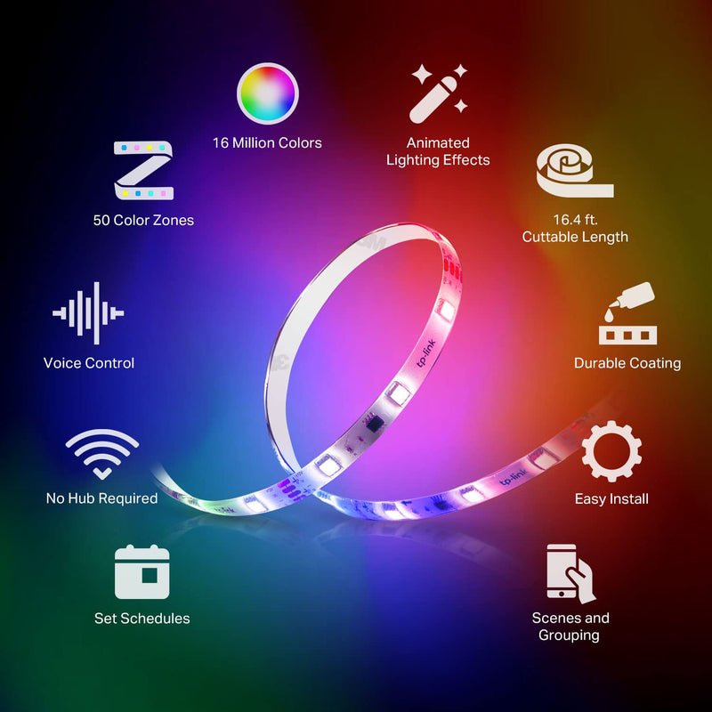 [AUSTRALIA] - Kasa Smart LED Light Strip, 50 Color Zones RGBIC, 16.4ft Wi-Fi LED Strip Works w/ Alexa, Google Home & SmartThings, High Brightness, 16M Colors, PU Coating, Trimmable, 2 Yr Warranty (KL420L5) 16.4 ft. 