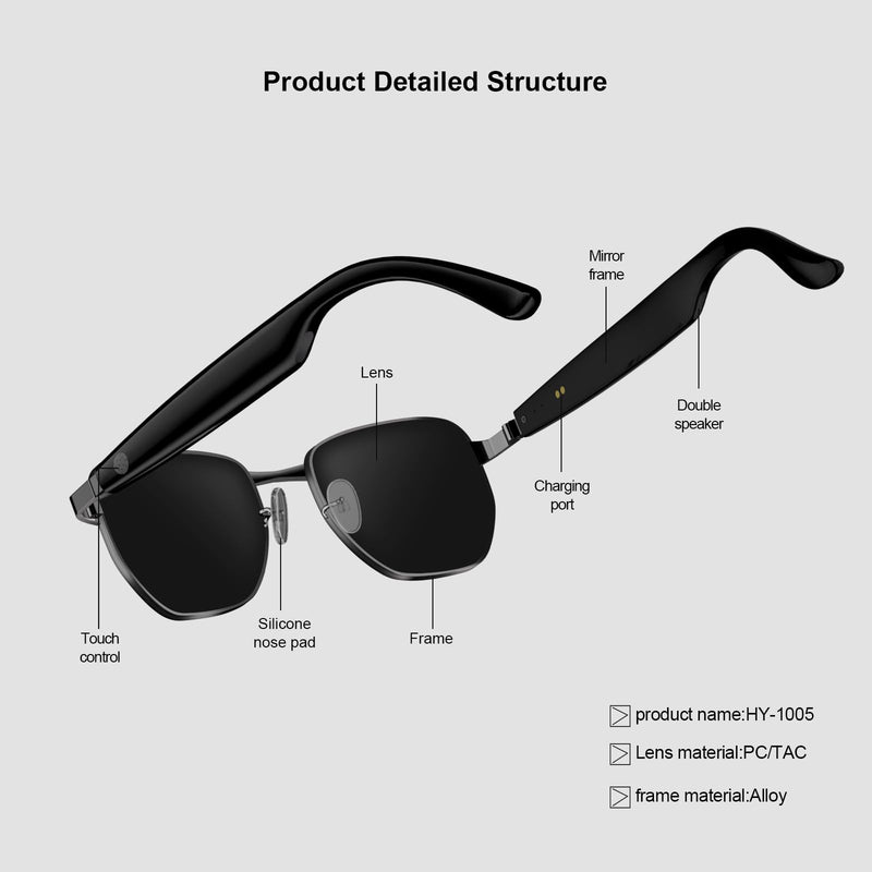 Bluetooth smart sunglasses, audio glasses, nylon lenses, built-in microphone and speaker, UV protection Black