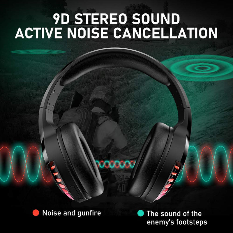 Wireless Bluetooth Headphone with Noise Cancellation HiFi Stereo Sound Mic Deep Bass Protein Earpad Rainbow RGB Backlight Rechageable Over Ear Headset for PC Mac Game Travel Class Home Office(Black) Black