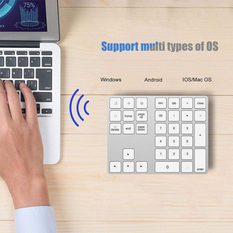 ASHATA Wireless Numeric Keypad,34 Keys Mini Portable Bluetooth Numpad,Ergonomic Bluetooth Numeric Keypad Aluminum Alloy HUB Type-C USB 3.0 Numeric Pad for Windows (Silver) Silver