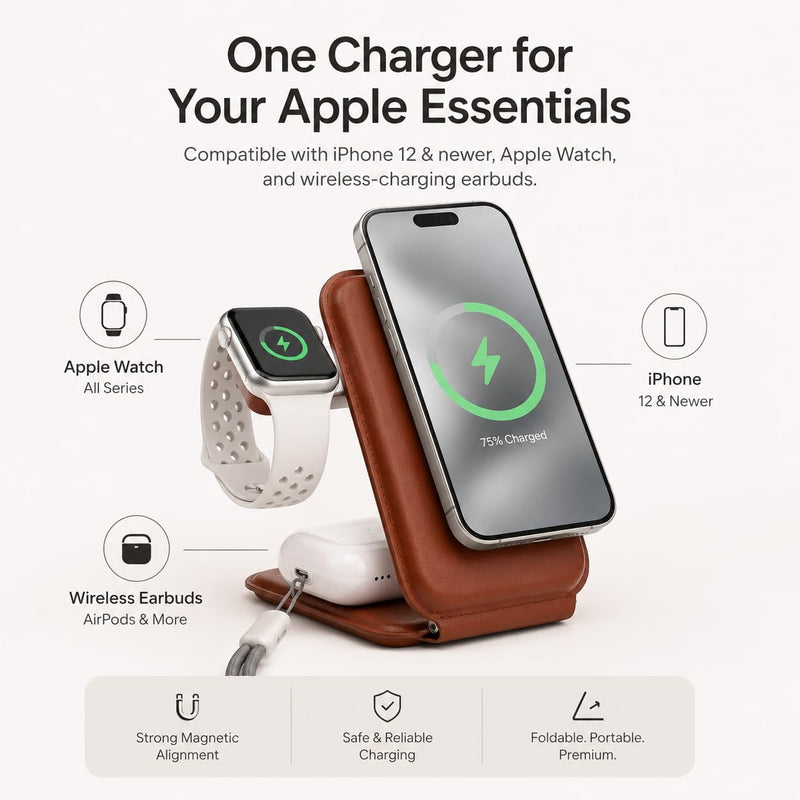 Trio 3-in-1 Wireless Charging Station for iPhone 12 and Newer, Apple Watch and AirPods, Foldable MagSafe-Compatible Charger Stand, Compact Leather-Look Travel Dock, Brown