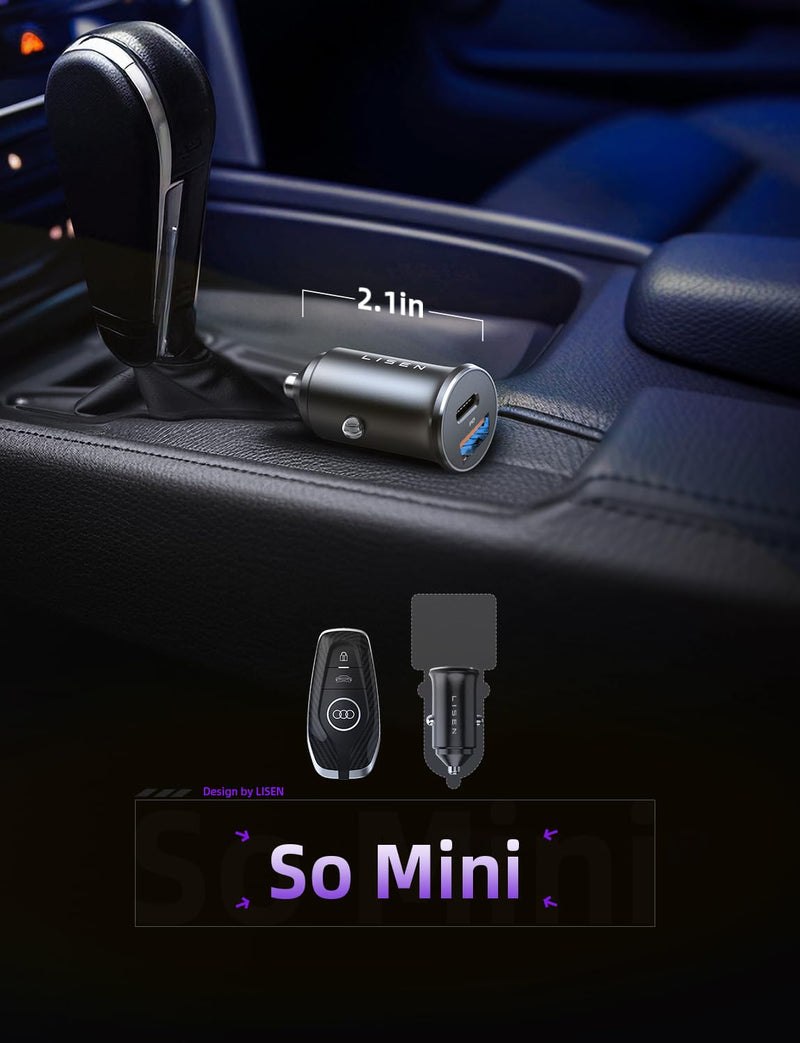 LISEN 95W USB C Car Charger Adapter Fast Charge [All Metal] Cigarette Lighter USB Charger Fast Charging PD65W Dual Port Car Phone Charger for iPhone 15 Pro Max Plus 14 Samsung Galaxy S23 iPad Pro Black