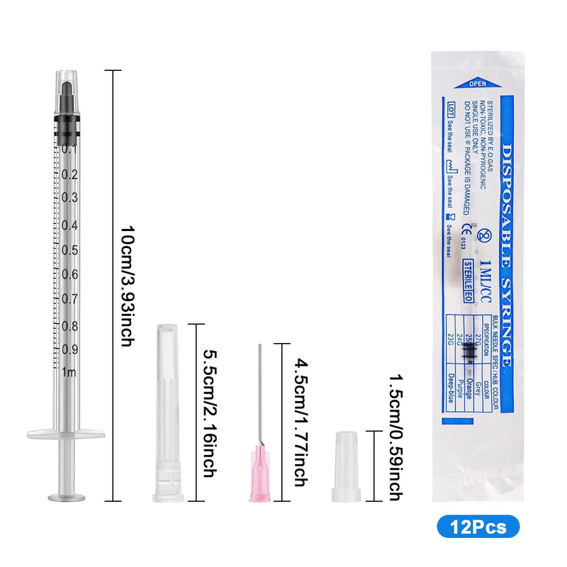 12-Piece 1 ml Syringe Set with Luer Plastic Syringe Set with Blunt Needles for Refilling, Measuring Oil, Glue, Liquids, Pets, Scientific Laboratories Syringe with Needle
