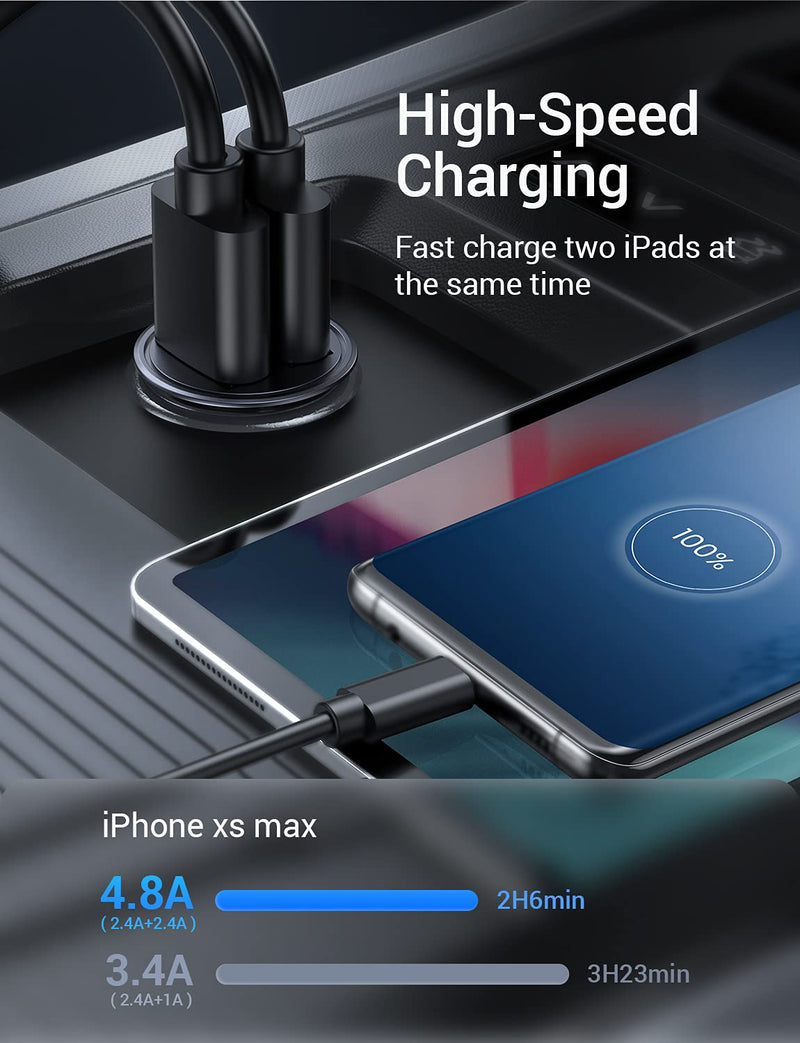 Car Charger, AINOPE 4.8A All Metal Car Charger Adapter Mini Flush Fit USB Car Charger Dual Port Charging Compatible with iPhone 12/11 pro/XR/x/7/6s, iPad Air 2/Mini 3, Note 9/Galaxy S10/S9/S8-Black Black