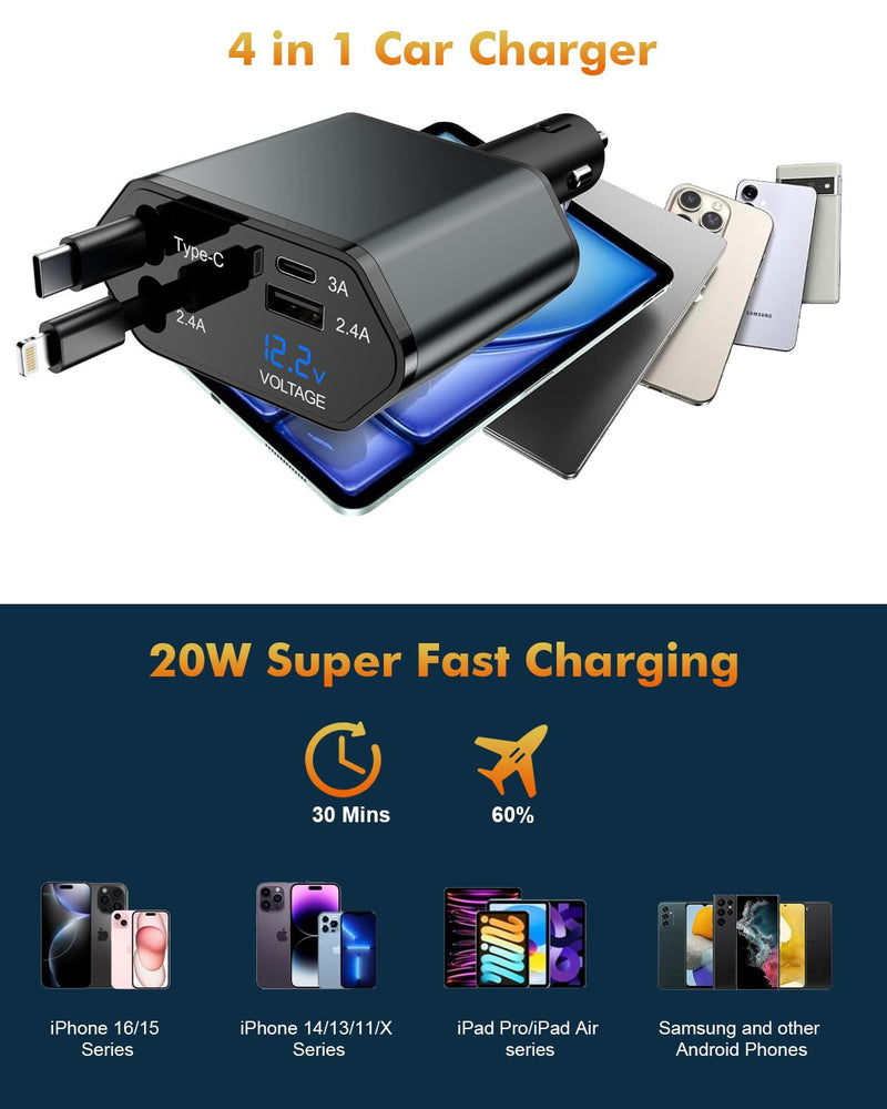 Retractable Car Charger,66W 4 in 1 iPhone 16 15 Car Charger iPhone Adapter | with 2 Retractable iPhone Charger Cables(USB C+Lightning),2 USB Ports(USB C+USB A) for iPhone 17 16 15 14 13 12 11 Pro Max XS USB A & USB C Black