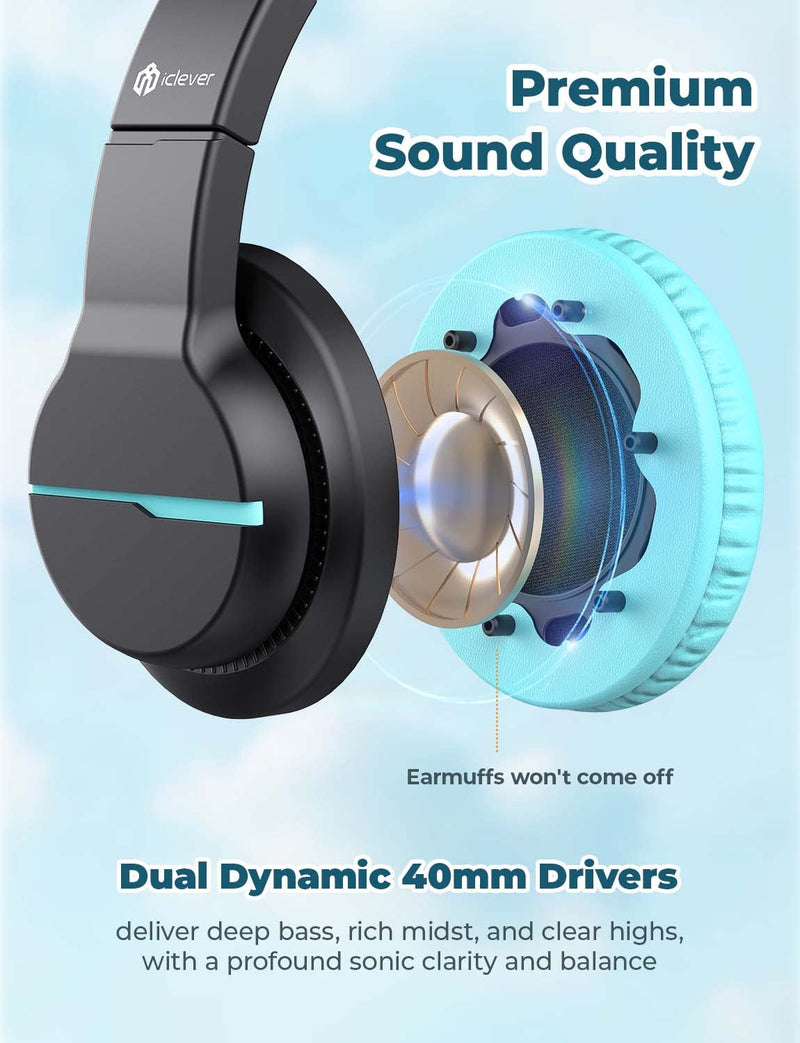iClever HS19 Kids Headphones with Microphone for School, Volume Limiter 85/94dB, Over-Ear Girls Boys Headphones for Kids with Shareport, Foldable Wired Headphones for iPad/Travel (Black) Black