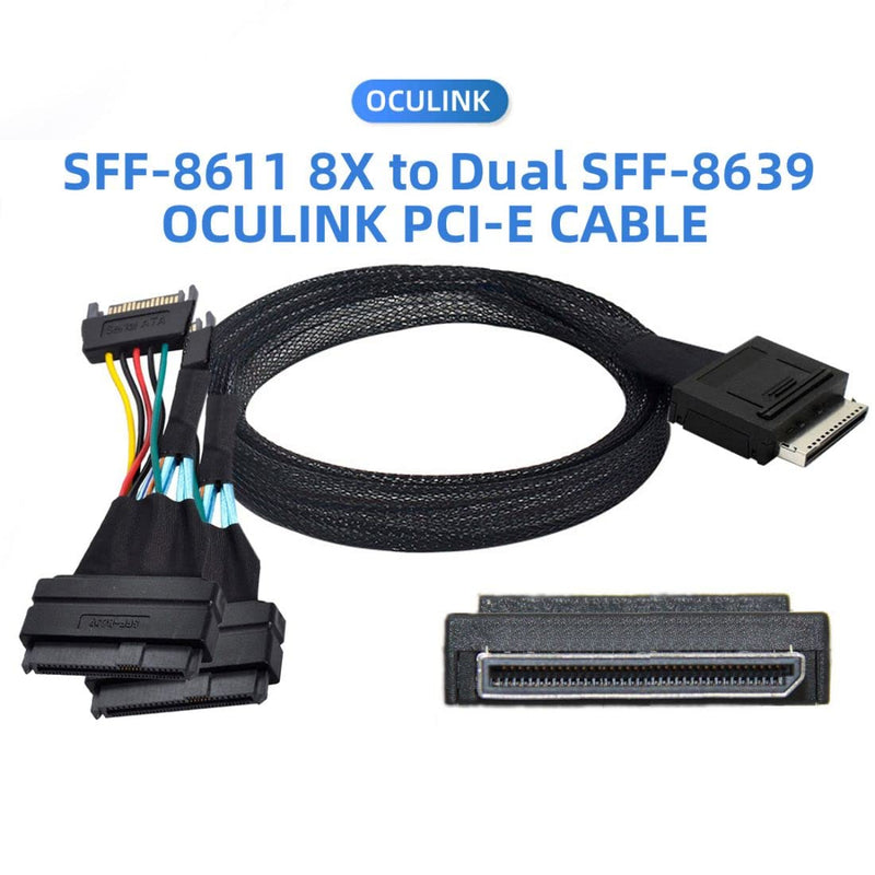 Chenyang SFF-8611 to SFF-8639 Cable,OCuLink PCIe PCI-Express SFF-8611 8X 8-Lane to 2 SFF-8639 U.2 4X SSD Data Active Cable 50cm Oculink 8X to Dual SFF-8639