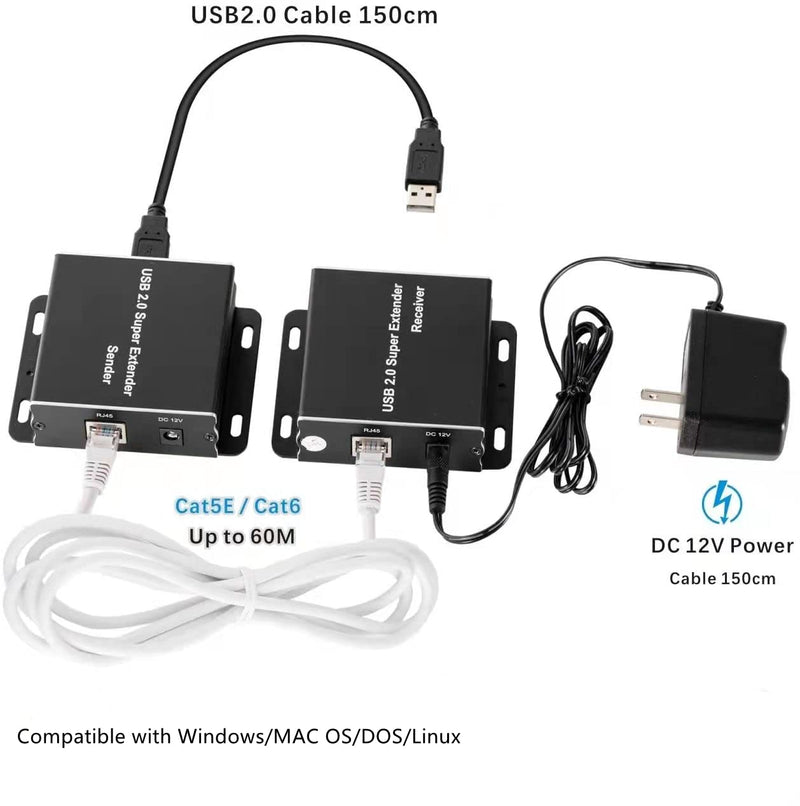 E-SDS USB Extender Over Cat5E/6 up to 196ft, USB2.0 Over Cat6 Cat5E Extender with 4 USB 2.0 Ports, Plug and Play, No Driver Needed Support All Operating System, Two Web Cameras Work Synchronously USB Extender 4 Ports