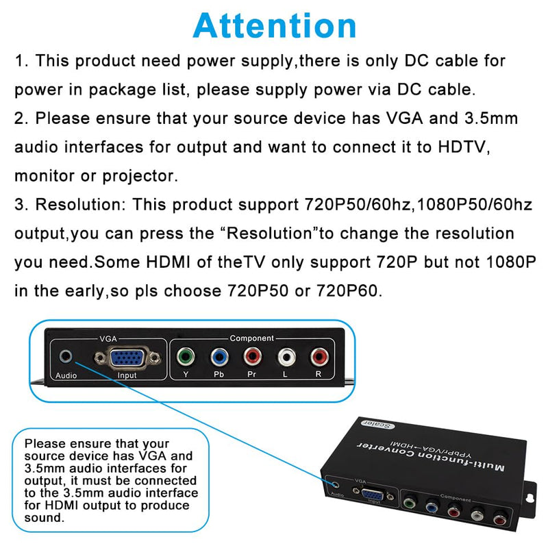 YPbPr RGB/ 5 RCA Component/VGA to HDMI Converter with Audio（3.5mm）- PC to HDMI,Support 1080p 60/50Hz,720p 60/50Hz Scaler Converter for PC Laptop Display Computer Projector