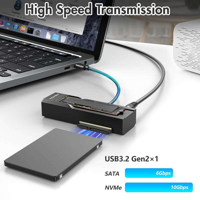 M.2 NVMe SSD Enclosure Adapter, 10Gbps SATA & M.2. NVMe Dual Bay Offline Clone USB-C Adapters Supports 3.5"/2.5" SATA SSD, Type-C Standalone Clone Duplicator Solid State Drive