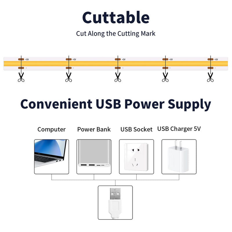 Led Strip Light 5V USB 6.56ft/2m 6000k White COB Led Tape Light 640LEDs CRI93+ Super Bright Dimmable Flexible Led Lights for TV Backlight, Mirror, Kitchen, Cabinets, Bedroom Decor