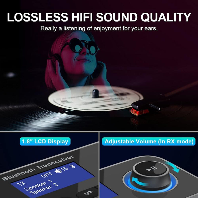 [AUSTRALIA] - Bluetooth Transmitter Receiver 3-in-1 Bluetooth 5.0 Audio Adapter for 2 Headphones with Bypass Volume Control ON/Off Switch LCD Display 3.5mm Aux/Optical/RCA for Home Stereo TV Speaker PC All Black 