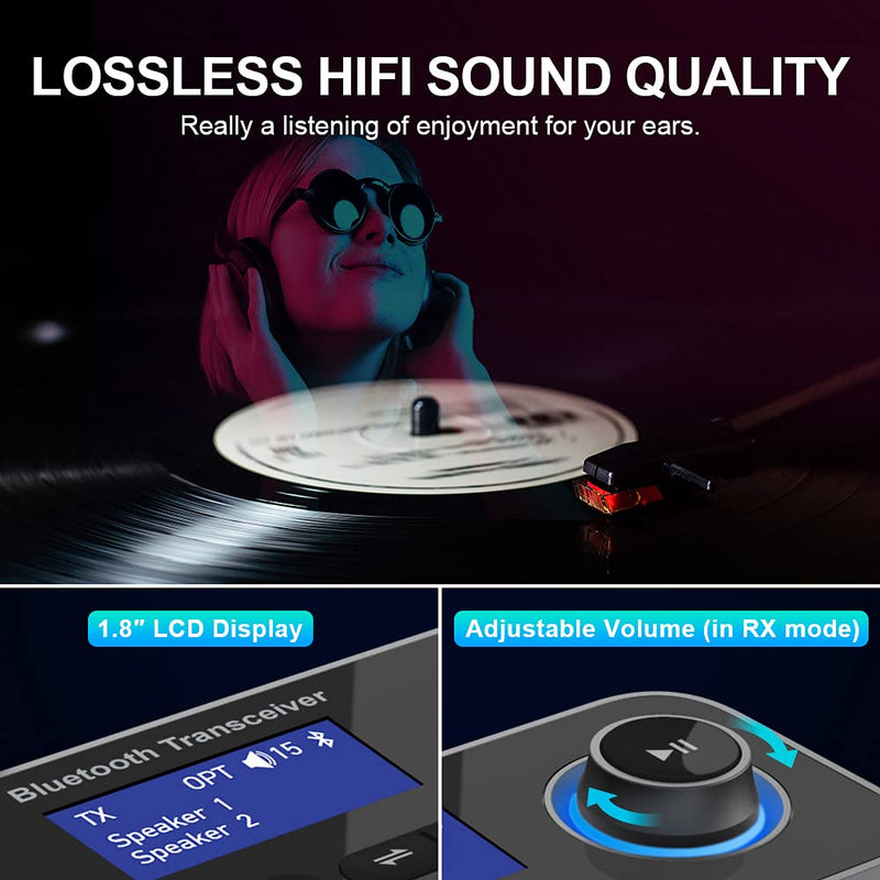 Bluetooth Transmitter Receiver 3-in-1 Bluetooth 5.0 Audio Adapter for 2 Headphones With Bypass Volume Control Low Latency Long Range LCD Display ON/OFF Optical AUX RCA for TV Home Stereo Speaker Type A