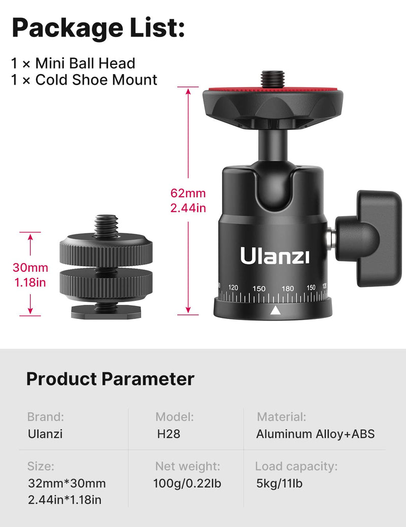 [AUSTRALIA] - Mini Ball Head, ULANZI H28 Panoramic Tripod Head + Dual Hot Shoe Mount DSLR Camera Mount Adapter Photograph Attachment Accessories for Action Cameras Cam Smartphone Light Microphone Loading 5.5lb 