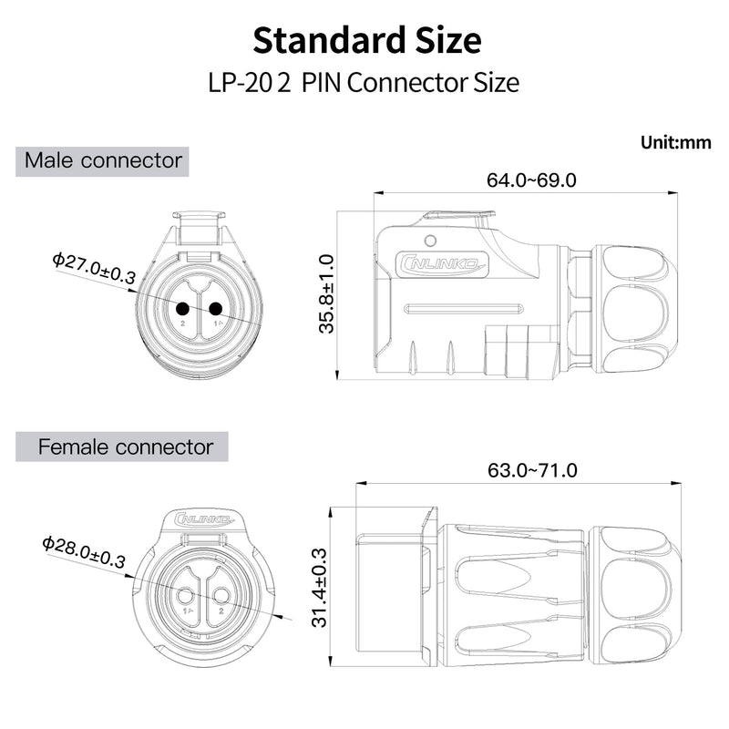 [AUSTRALIA] - CNLINKO LP-20 2 Pin Waterproof Plug with Screw Design, IP68 Aviation Bullet Plug, M20 Male and Female Pair (LP20 2-Pin Screw Connection) 2-Polige Schraubverbindung LP20 